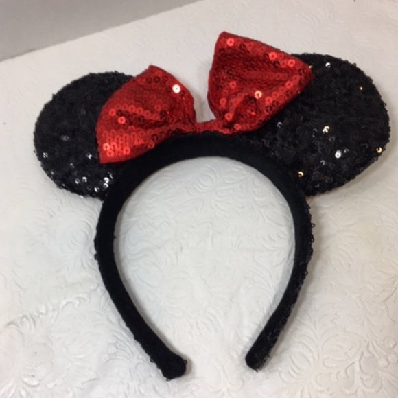 Minnie Mouse Ears Black w/Red Bow Sequins Headband - Picture 1 of 5